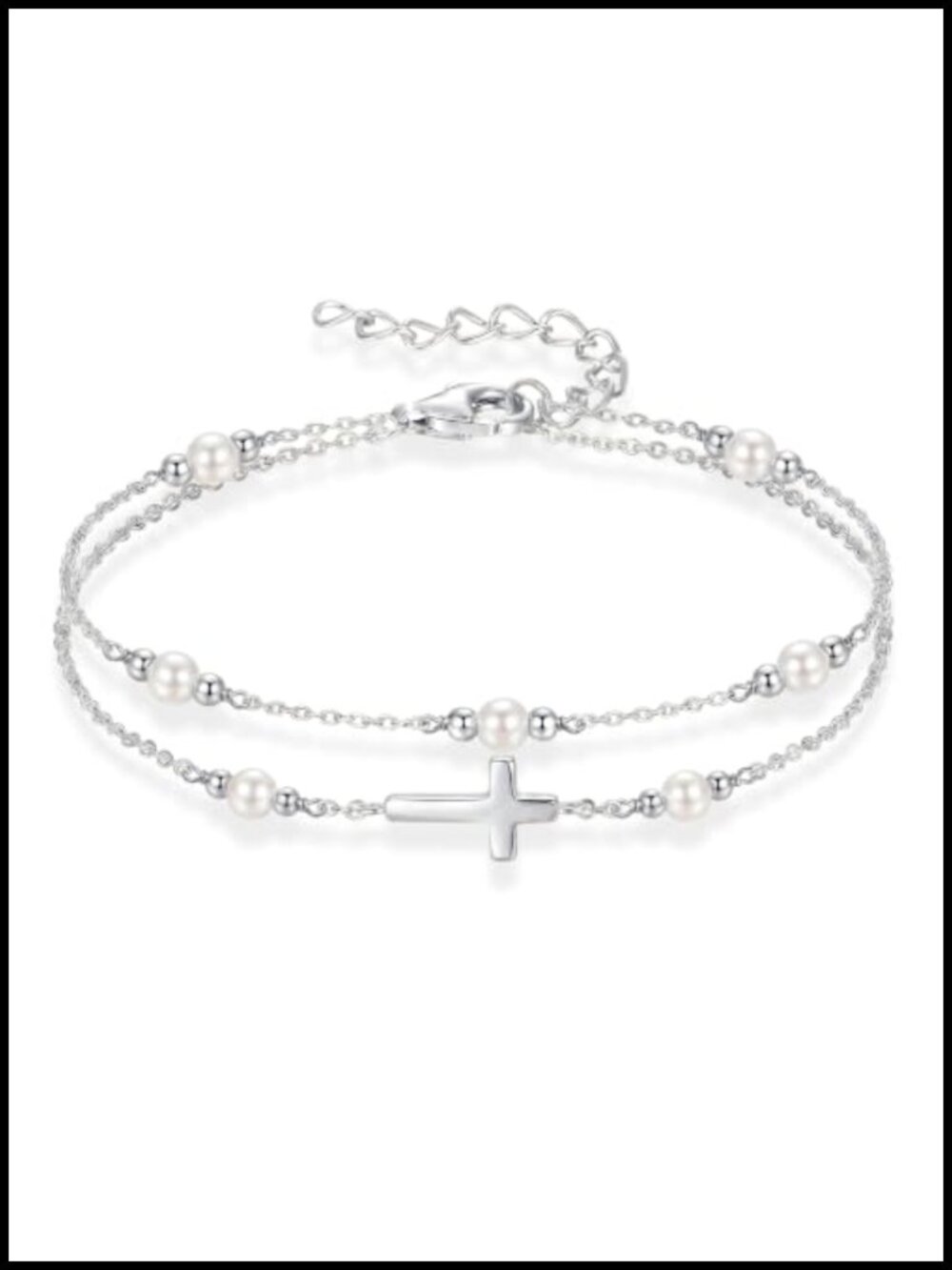 18K Gold Plated Pearl Cross Bracelet for Women Stackable Silver Bead Bracelet